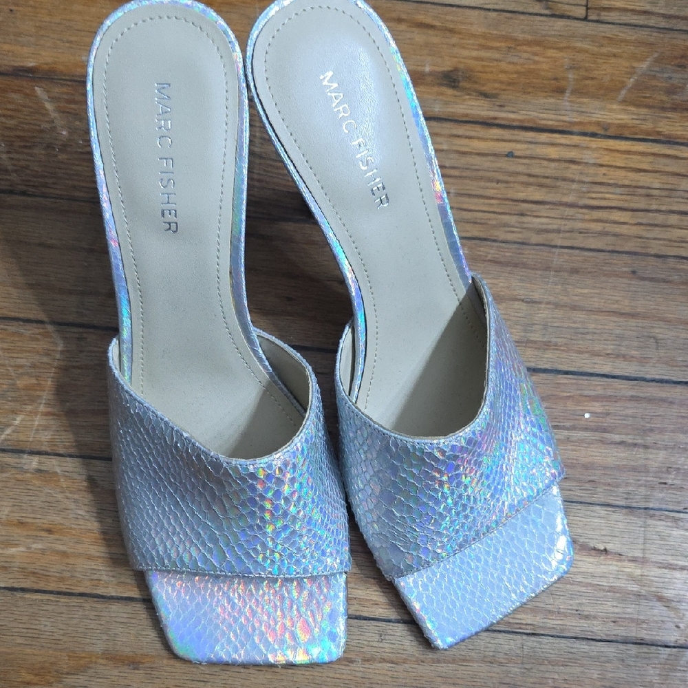 Marc Fisher Iridescent Holographic Slide Mules - Silver